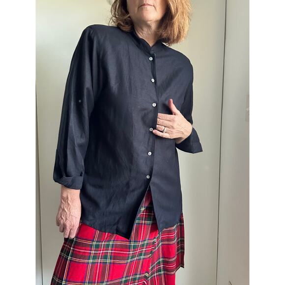 Vintage 90s Minimalist Linen Black Blouse Size 10P Long Sleeve Mock Collar Chic - Picture 6 of 9